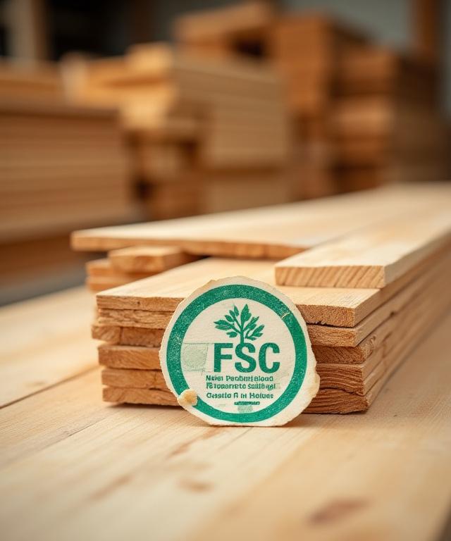 Pila de tablones de madera cuidadosamente apilados, con un sello de certificación de sostenibilidad forestal (FSC) visible en primer plano.
