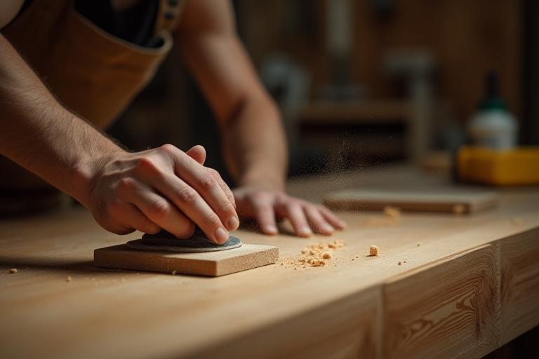 Artesano de la madera lijando cuidadosamente una mesa en un taller.