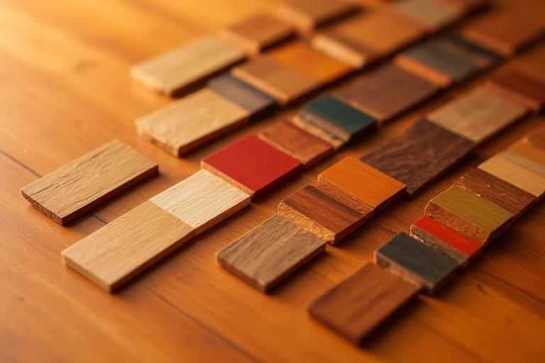 Muestras de pigmentos y acabados de color en tablillas de madera para mobiliario.